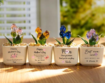 Glass Everlasting Tulips, Mom Flower Gift, Hand Blown Glass Potted, Mothers Day Gifts