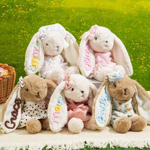 Può includere: Un gruppo di coniglietti pasquali di peluche in vari colori e abiti, con lunghe orecchie e nomi ricamati. I coniglietti sono disposti su una coperta bianca davanti a uno sfondo verde erboso, con un cestino di uova di Pasqua.