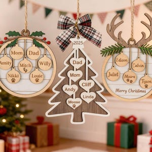 Benutzerdefinierte hölzerne Familie Weihnachten Ornament, 2025 Familie Weihnachtsbaum Ornament, gravierte Verzierung, Weihnachtsgeschenk, personalisierte Urlaub Ornament