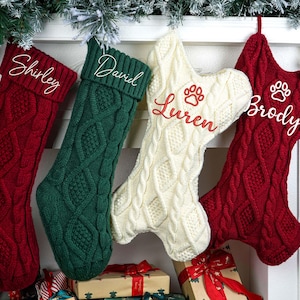 Embroidered Monogram Stocking, Pet Christmas Stockings, Family Christmas Stocking, Dog Bone Christmas Stockings with Name, Holiday Stockings