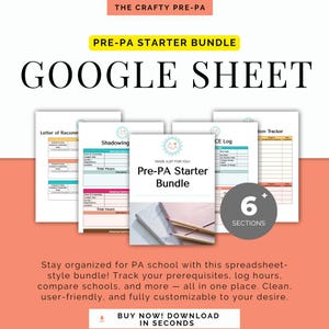 Puede incluir: Una plantilla de hoja de cálculo de Google para la organización de la pre-PA. La plantilla incluye secciones para cartas de recomendación, observación, registro de experiencia y seguimiento de aplicaciones. La plantilla está diseñada para ayudar a los estudiantes a mantenerse organizados y hacer un seguimiento de su progreso hacia la escuela de PA.