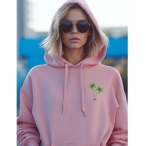 Palm Tree Pink Hoodie - Soft Unisex Streetwear Pullover - Aesthetic Cozy Hoodie - Stylish Gift For Him Her - Pink Hoodie