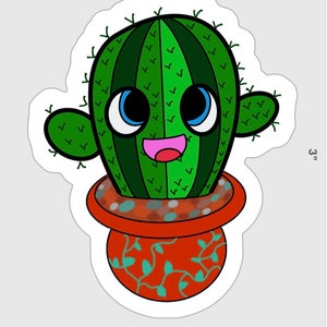 May include: A green cactus with a smiling face and large blue eyes is potted in a red pot with a green vine pattern. The pot is 2.5 inches wide and the cactus is 3 inches tall.