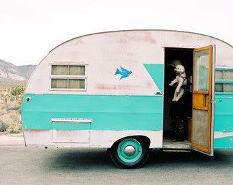 4x6" Postcard - Vintage Travel Trailer and Cute Dog ~ ready to stamp, write, and mail!