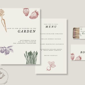 Ensemble d'invitations à un dîner de jardin, Canvas Pro uniquement, Paper Suite, Faire-part, Menu, Carte de visite, Boîte d'allumettes, Modèle modifiable, Dessiné à la main