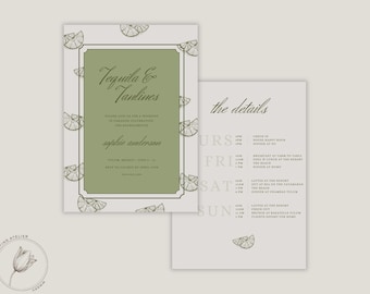 May include: A white invitation with a green border and a lime pattern. The invitation reads "Tequila & Tanlines" and includes the text "Please join us for a weekend of paradise celebrating the bachelorette" and "Sophie Anderson". A second white card with a green border reads "The Details" and includes a schedule of events for a weekend getaway.