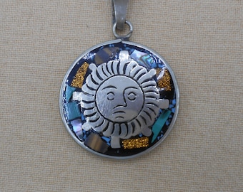 Double Sided Zuni Silver Kachina Sun God Inlaid Stone Pendant, Double Sided Inlaid Pendant with Kachina and Sun God