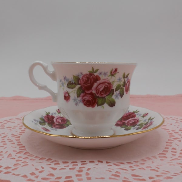 Queen Anne White and Pink Roses Bone China Teacup and Saucer, Queen Anne Pattern 8674 Cabbage Rose Teacup and Saucer, Made in England