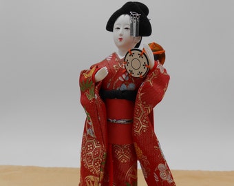 Japanese Geisha Doll with Drum, Red Brocade Kimono, International Doll, Japanese Costume Doll
