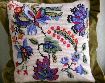 Vintage Jacobean Floral Decorative Ruffled Needlepoint Pillow, Paisley Floral Needlepoint Pillow