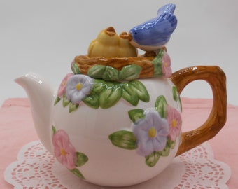 Teleflora Ceramic Blue Bird and Floral Teapot