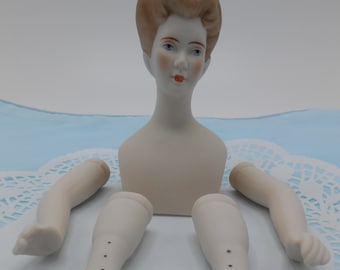 Vintage Mark Farmer Painted Porcelain Victorian Lady Bisque Doll Head and Shoulders with Legs and Arms, Mark Farmer Bisque Doll Head