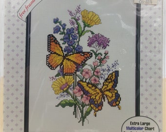 Bucilla Gallery of Stitches 33292 "Butterflies and Flowers" Counted Cross Stitch Picture Kit with Frame, New in Package