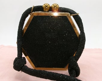 Vintage Fancy Six-sided Brass Frame Black Iridescent Beaded Shoulder Bag Purse