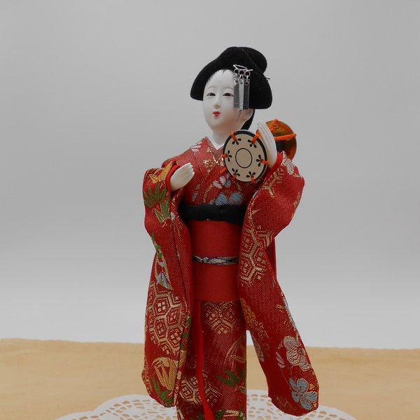 Japanese Geisha Doll with Drum, Red Brocade Kimono, International Doll, Japanese Costume Doll