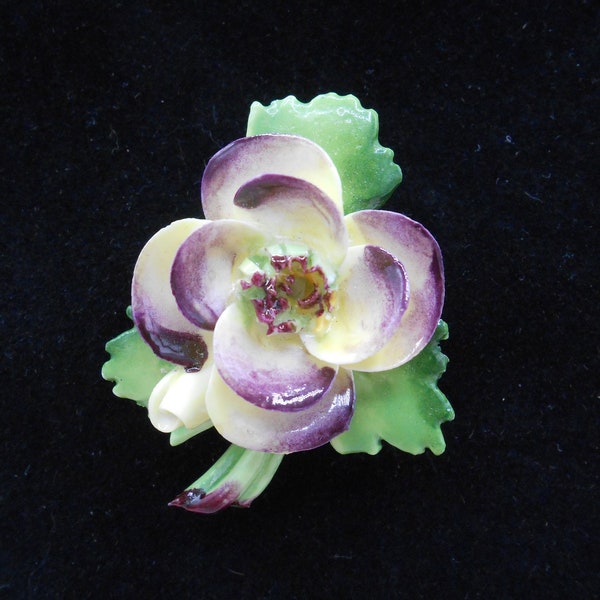 Cara China Yellow and Purple Pansy Brooch, China Flower Pin, Staffordshire China Floral Brooch, Staffordshire China Pansy Brooch