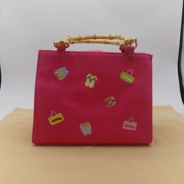 Adorable Preppy Hot Pink Summer Handbag with Bamboo Handles and Embroidered Flip Flop and Beach Bag Motif