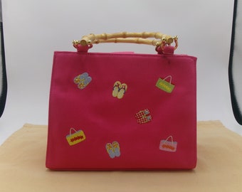 Adorable Preppy Hot Pink Summer Handbag with Bamboo Handles and Embroidered Flip Flop and Beach Bag Motif