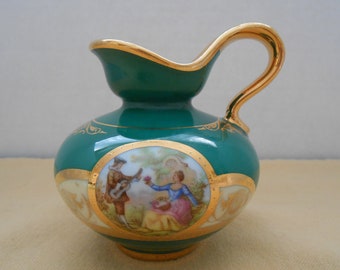 Magnificent, RARE NC China, Small Teal Creamer with Gold Handle, Fragonard Courting Scene, Made in West Germany