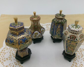 Set of FOUR Miniature Champleve Cloisonne Enamel Vases with Individual Wooden Stands, Made in China