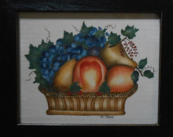 FRAMED Fruit Basket Theorem Painting on Velvet by D. Obee, Fruit Basket Painting, Country Kitchen Decor, Primitive Art, Folk Art