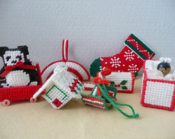set of eight vintage plastic canvas christmas tree ornaments plastic canvas wagon plastic canvas jack in the box plastic canvas stocking - Plastic Canvas Christmas Ornaments set of eight vintage plastic canvas christmas tree ornaments plastic canvas wagon plastic canvas jack in the box plastic canvas stocking - Plastic Canvas Christmas Ornaments