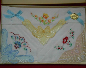 Box of THREE Vintage NOS Ladies Embroidered "Fine Handkerchiefs", Ladies New Vintage Embroidered Cotton Hankies