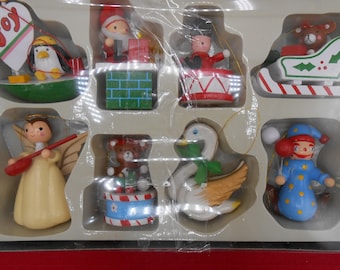EIGHT New Vintage Hand Painted Wooden Christmas Ornaments, Santa on the Chimney, Penguin on a Boat, Clown with Balloons, Angel with Mandolin