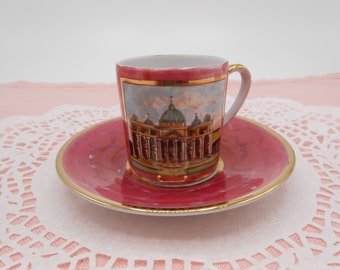 Verbano Porcellano di Laveno Hand Painted Pink Demitasse Cup and Saucer Saint Peter's Basilica Souvenir of Rome Italy