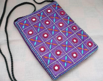 CLEARANCE - Purple Embroidered and Mirrored Zippered Pouch - Banjara - Hippie Purse - Boho Bag