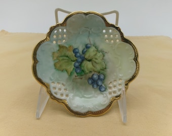 Vintage Hand Painted and Signed Gilt Edge Reticulated Trinket Dish with Grape Motif, Hand Painted Trinket Dish