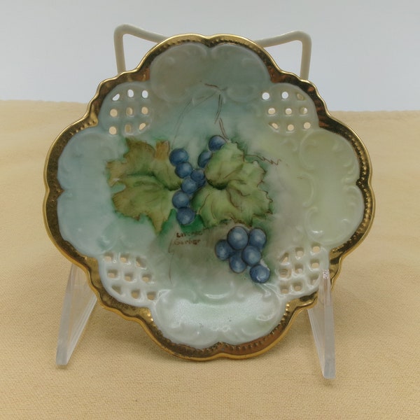 Vintage Hand Painted and Signed Gilt Edge Reticulated Trinket Dish with Grape Motif, Hand Painted Trinket Dish