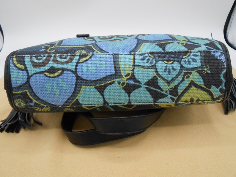 Made in the USA Vintage Spartina 449 Mod Black Blue Green Retro Flower Pattern Linen Drawstring Handbag