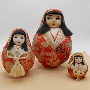 Set of THREE Hime Daruma Roly Poly Japanese Dolls, Japanese Good Luck Dolls, Princess Daruma Doll, Japanese Brocade Kimona image 1