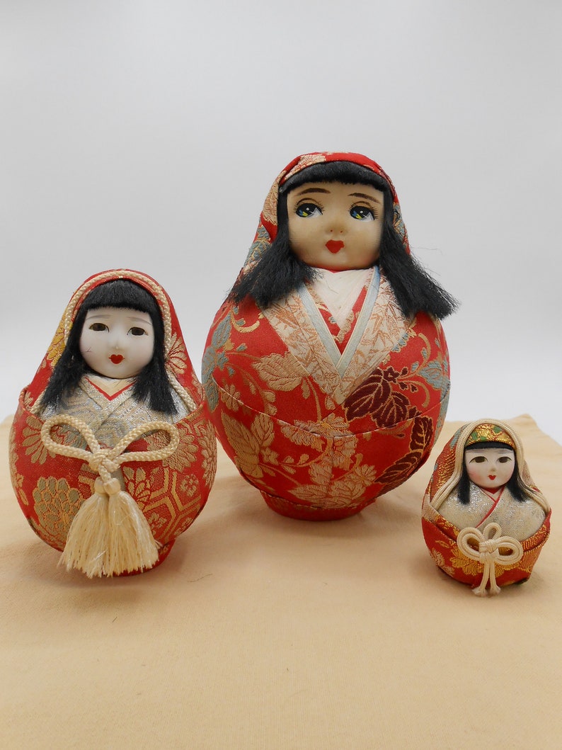 Set of THREE Hime Daruma Roly Poly Japanese Dolls, Japanese Good Luck Dolls, Princess Daruma Doll, Japanese Brocade Kimona image 1