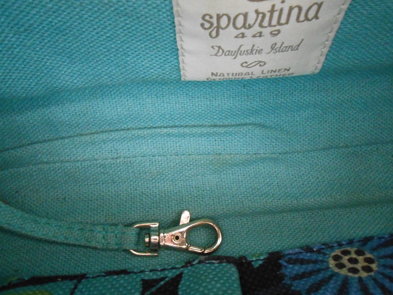 Made in the USA Vintage Spartina 449 Mod Black Blue Green Retro Flower Pattern Linen Drawstring Handbag