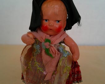 REDUCED - Antique 3" German Composition Hand Painted Baby Doll in Original Clothes Jointed Arms and Legs
