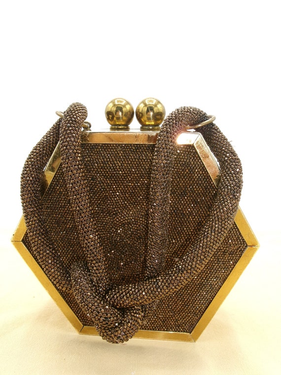 Vintage Fancy Six-sided Brass Frame Brown Iridescent Beaded Vintage Fancy Six-sided Brass Frame Brown Iridescent Beaded