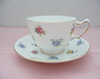 Crown Staffordshire White Floral Bouquet Bone China Teacup and Saucer