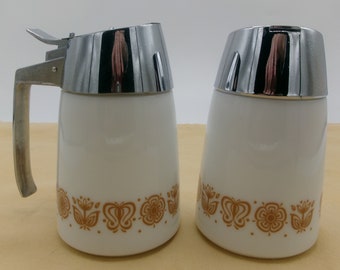 RARE, SMALL Pyrex Butterfly Gold Creamer and Sugar Bowl with "Dripcut" Metal Lids, Small Butterfly Gold Milk Glass Creamer and Sugar Bowl