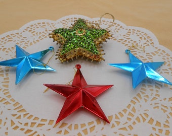 Four Mid Century Christmas Star Ornaments, Vintage Beaded Star Christmas Tree Ornament