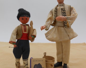 TWO Vintage Eastern European Male Dolls, Romanian Male Doll, Eastern European Boy Doll with Bow, Handmade Eastern European Dolls