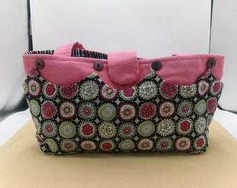 New Vintage Colorful Fabric Purse with Interchangeable Fabric Covers, Two in One Pink/Black Solid Print Tote Bag