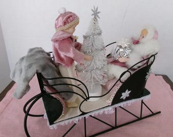 Victorian Porcelain Dolls Decorating Christmas Tree on Victorian Sleigh, Victorian Christmas Diorama