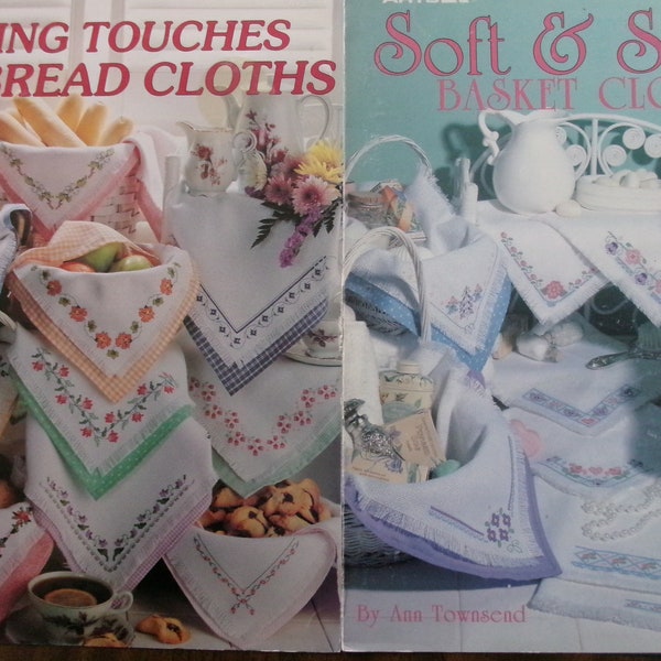 TWO Leisure Arts Counted Cross Stitch Bread Cloth Leaflets, #2477 Spring Touches for Bread Cloths and #2173 Soft & Sweet Basket Cloths