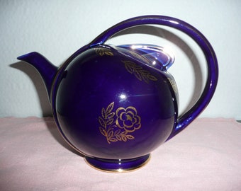 REDUCED - STUNNING Art Nouveau Teapot, Hall Cobalt Blue and Gold Floral Airflow Teapot, Hall Midnight Blue Teapot with Gold Leaves and Roses