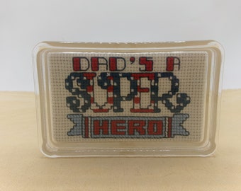 OOAK Vintage Cross Stitch Lucite Paperweight "Dad's A Super Hero", Dad Award Father's Day Gift