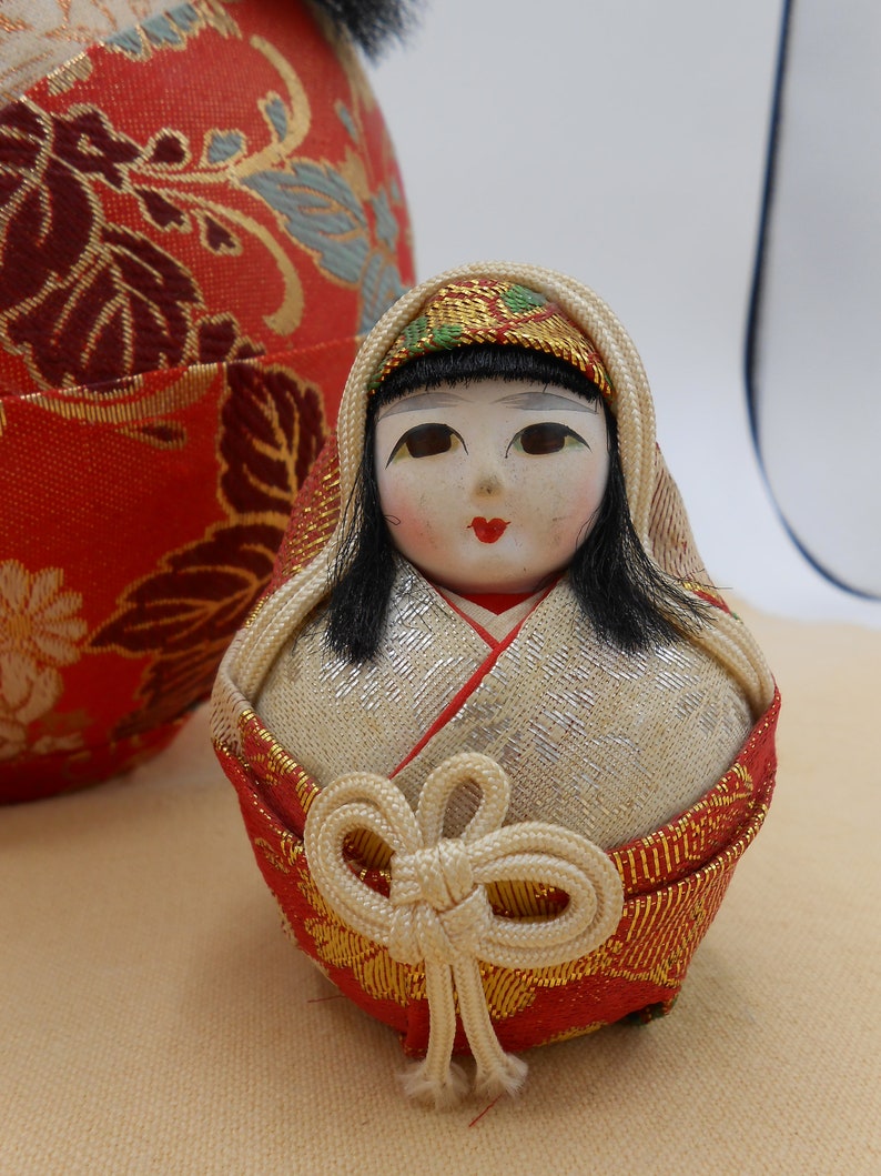 Set of THREE Hime Daruma Roly Poly Japanese Dolls, Japanese Good Luck Dolls, Princess Daruma Doll, Japanese Brocade Kimona image 6