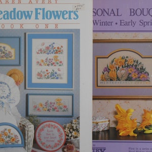 TWO Floral Cross Stitch Charts, Dimensions &quot;Meadow Flowers Book 1&quot;, Country Cross Stitch &quot;Seasonal Bouquets&quot;, Cross Stitch Butterflies