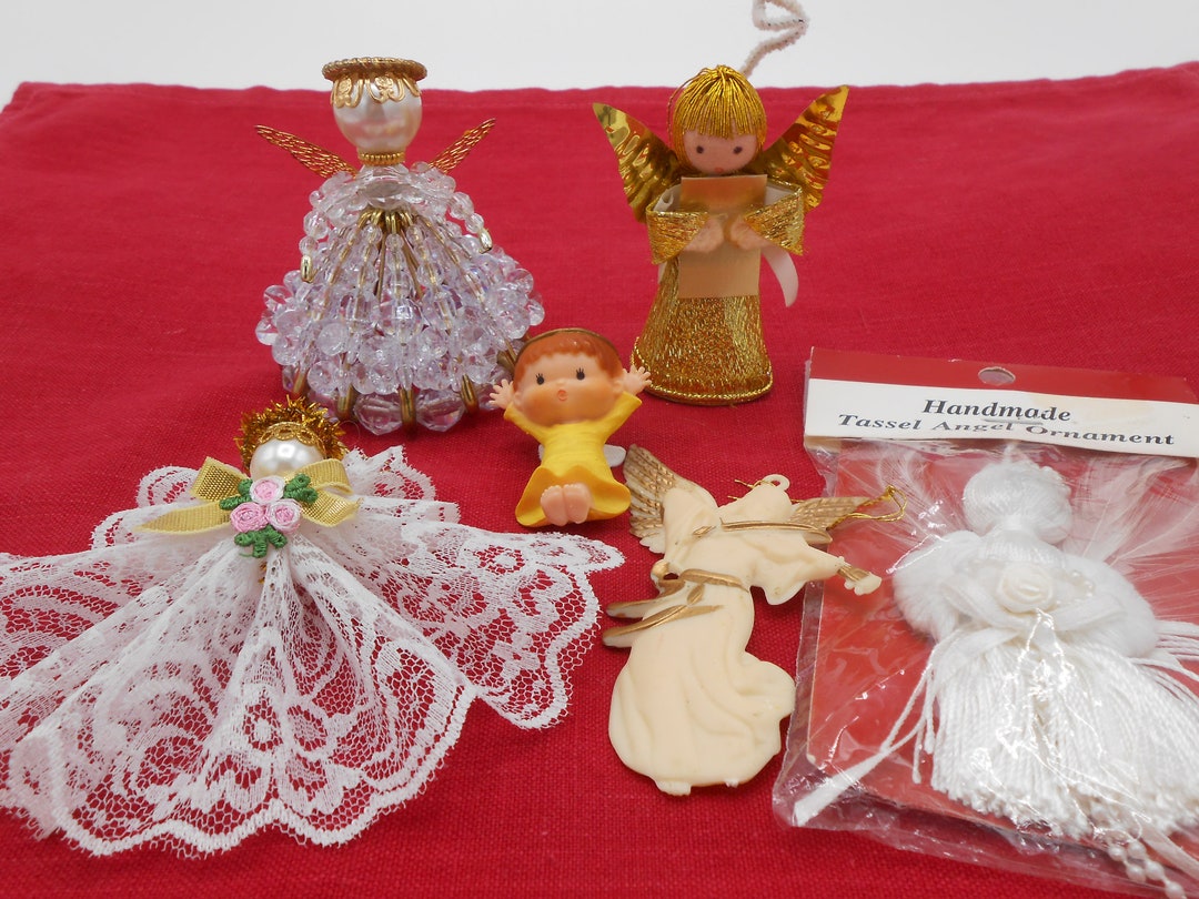 SIX Vintage Angel Ornaments, Handmade Beaded Angel Ornament, Lace Angel